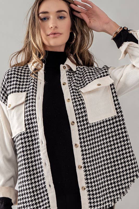 COLORBLOCK HOUNDSTOOTH CORDUROY SHACKET: BLACK / S-2/M-2/L-2