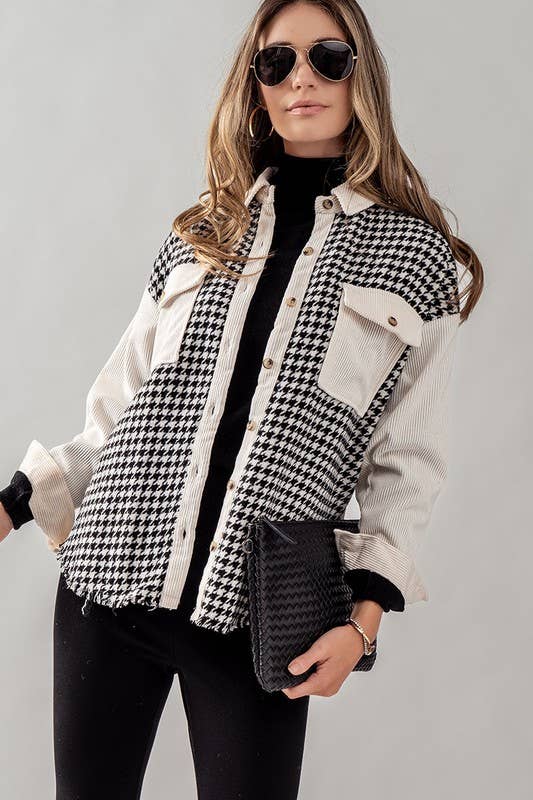 COLORBLOCK HOUNDSTOOTH CORDUROY SHACKET: BLACK / S-2/M-2/L-2
