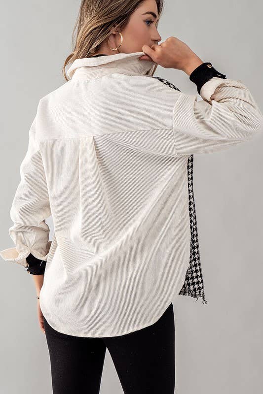 COLORBLOCK HOUNDSTOOTH CORDUROY SHACKET: BLACK / S-2/M-2/L-2