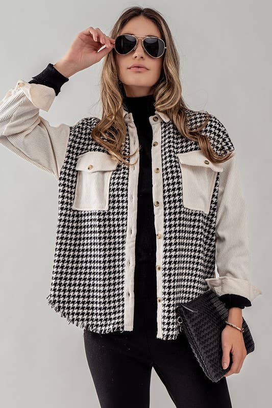 COLORBLOCK HOUNDSTOOTH CORDUROY SHACKET: BLACK / S-2/M-2/L-2
