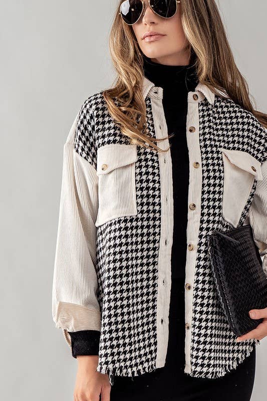 COLORBLOCK HOUNDSTOOTH CORDUROY SHACKET: BLACK / S-2/M-2/L-2