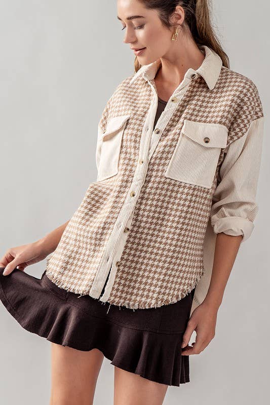 COLORBLOCK HOUNDSTOOTH CORDUROY SHACKET: BLACK / S-2/M-2/L-2