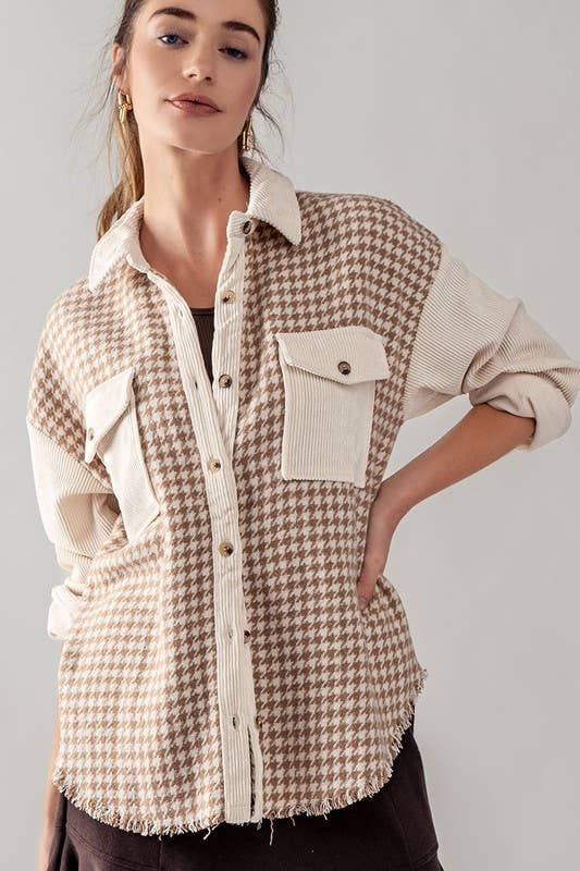 COLORBLOCK HOUNDSTOOTH CORDUROY SHACKET: BLACK / S-2/M-2/L-2