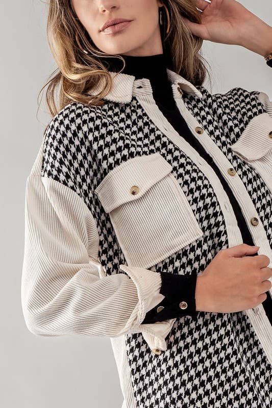 COLORBLOCK HOUNDSTOOTH CORDUROY SHACKET: BLACK / S-2/M-2/L-2