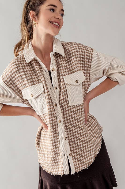 COLORBLOCK HOUNDSTOOTH CORDUROY SHACKET: BLACK / S-2/M-2/L-2