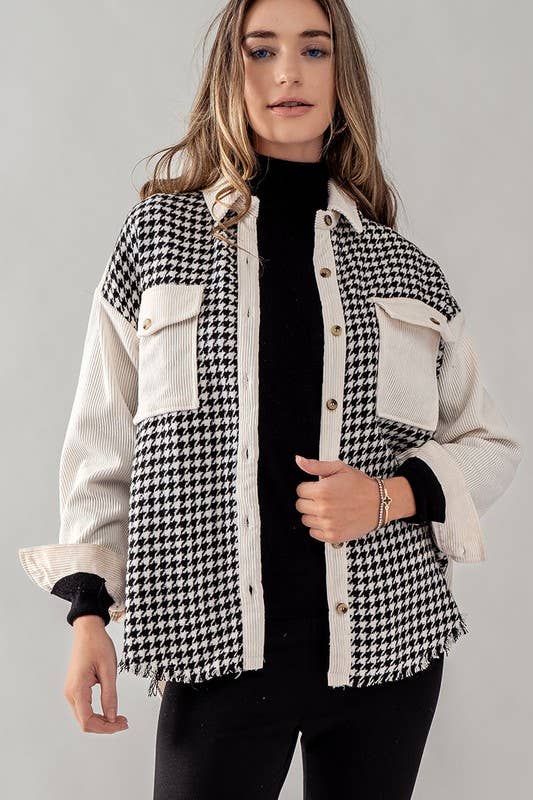 COLORBLOCK HOUNDSTOOTH CORDUROY SHACKET: BLACK / S-2/M-2/L-2