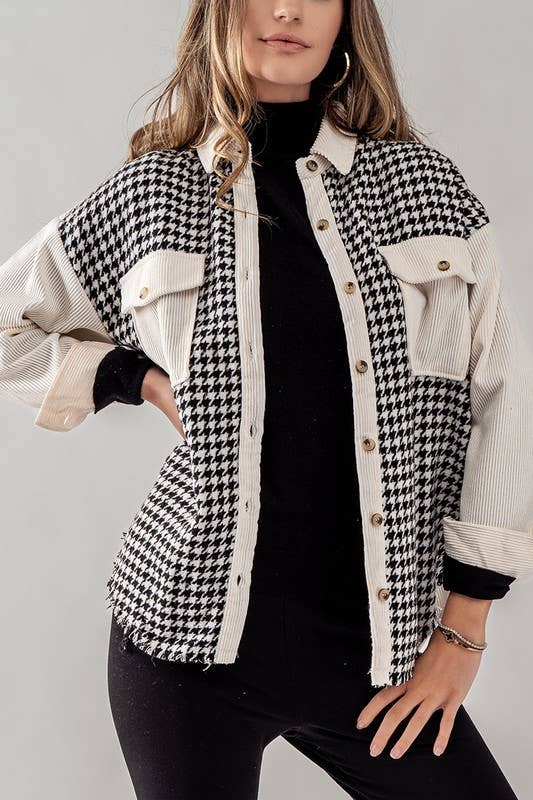 COLORBLOCK HOUNDSTOOTH CORDUROY SHACKET: BLACK / S-2/M-2/L-2