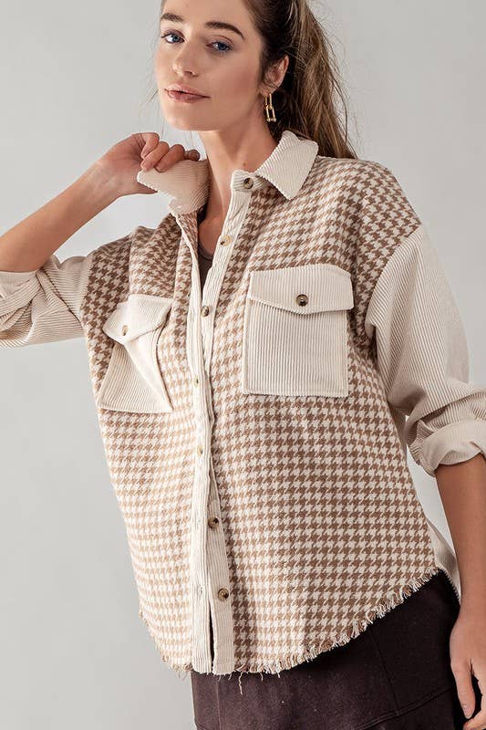 COLORBLOCK HOUNDSTOOTH CORDUROY SHACKET: BLACK / S-2/M-2/L-2