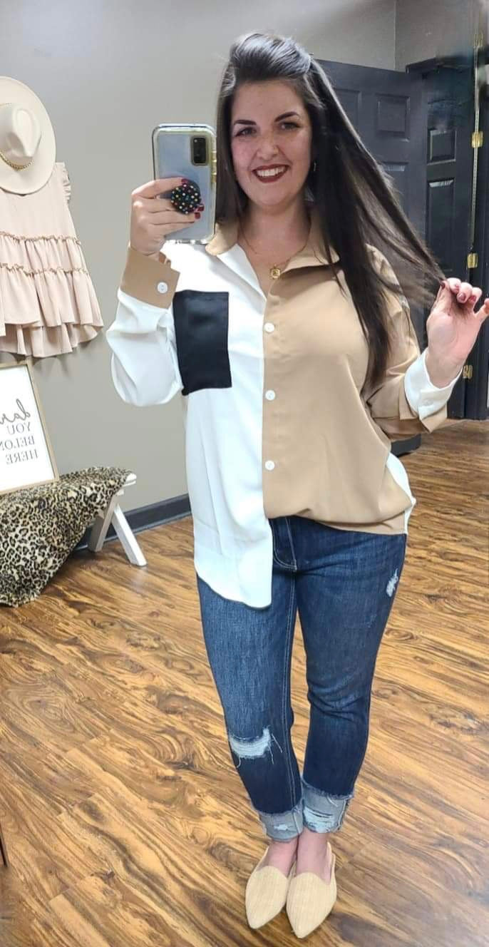 Two Tone Color Block Woven Blouse