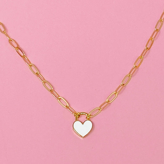 Colored & Locked Heart Necklace: White