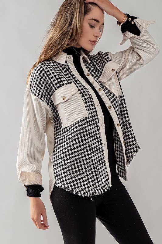 COLORBLOCK HOUNDSTOOTH CORDUROY SHACKET: BLACK /