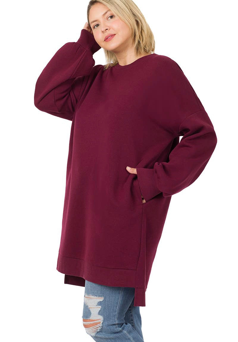 PLUS LONG SLEEVE SIDE POCKETS HI LO SWEATER TOP- burgundy