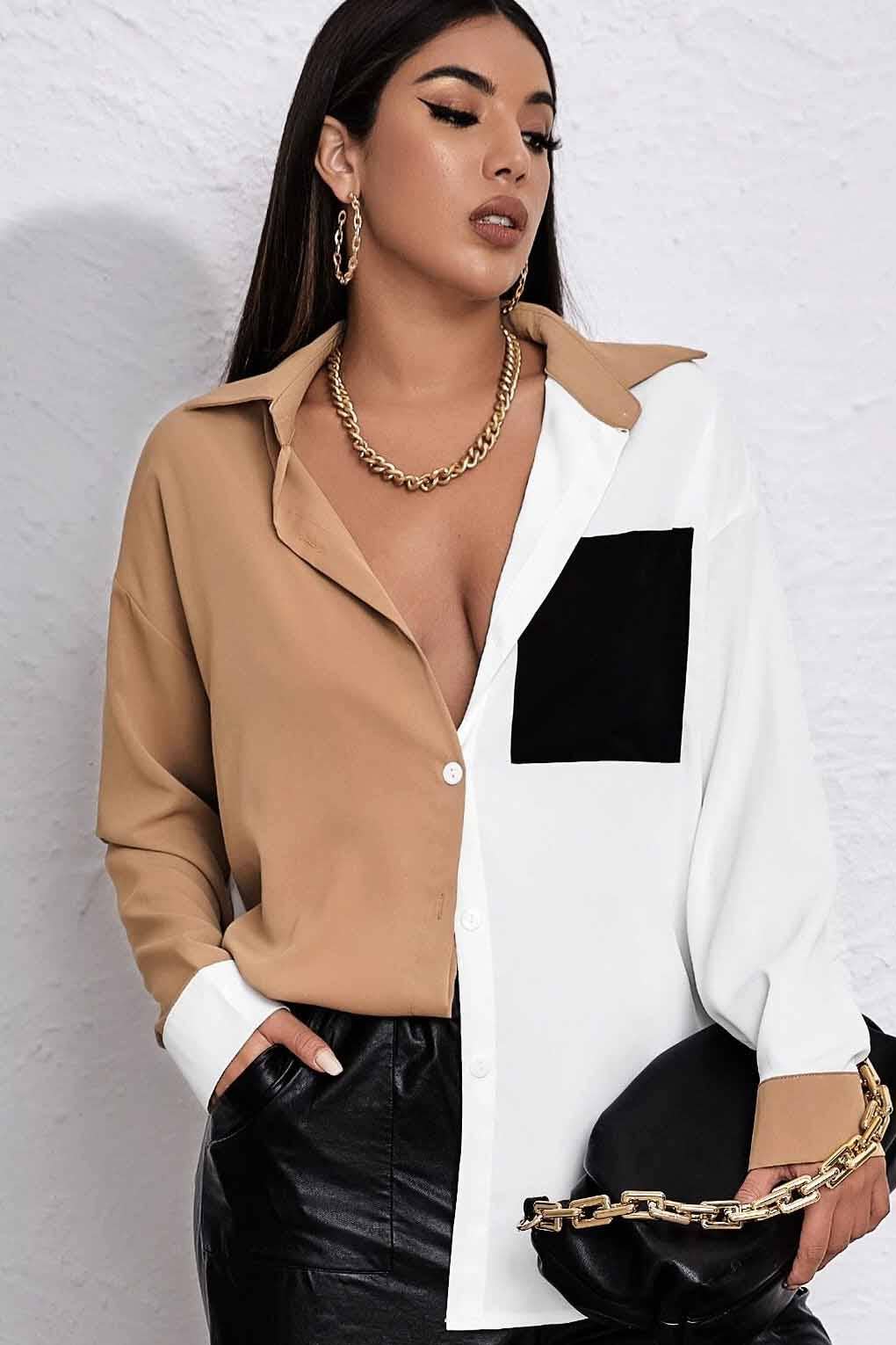 Two Tone Color Block Woven Blouse