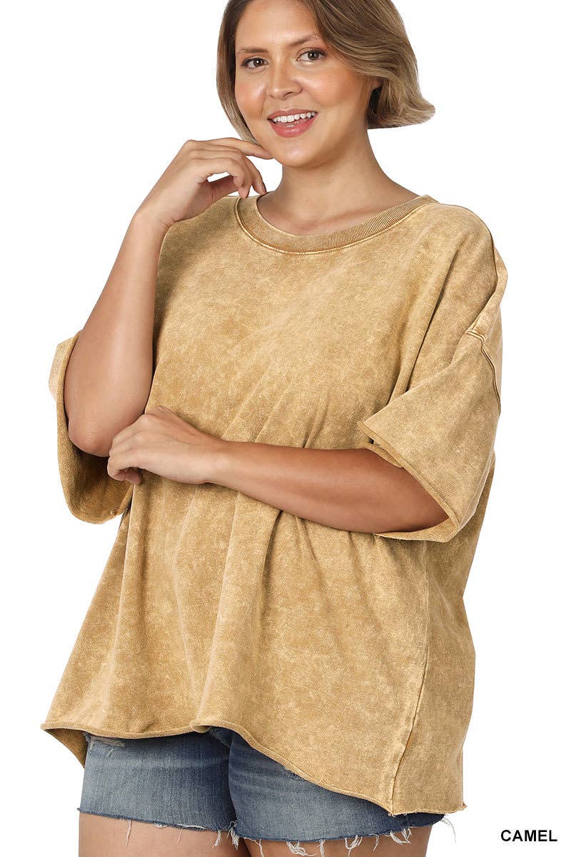 Plus Acid Wash Drop Shoulder Raw Edge Top-mustard