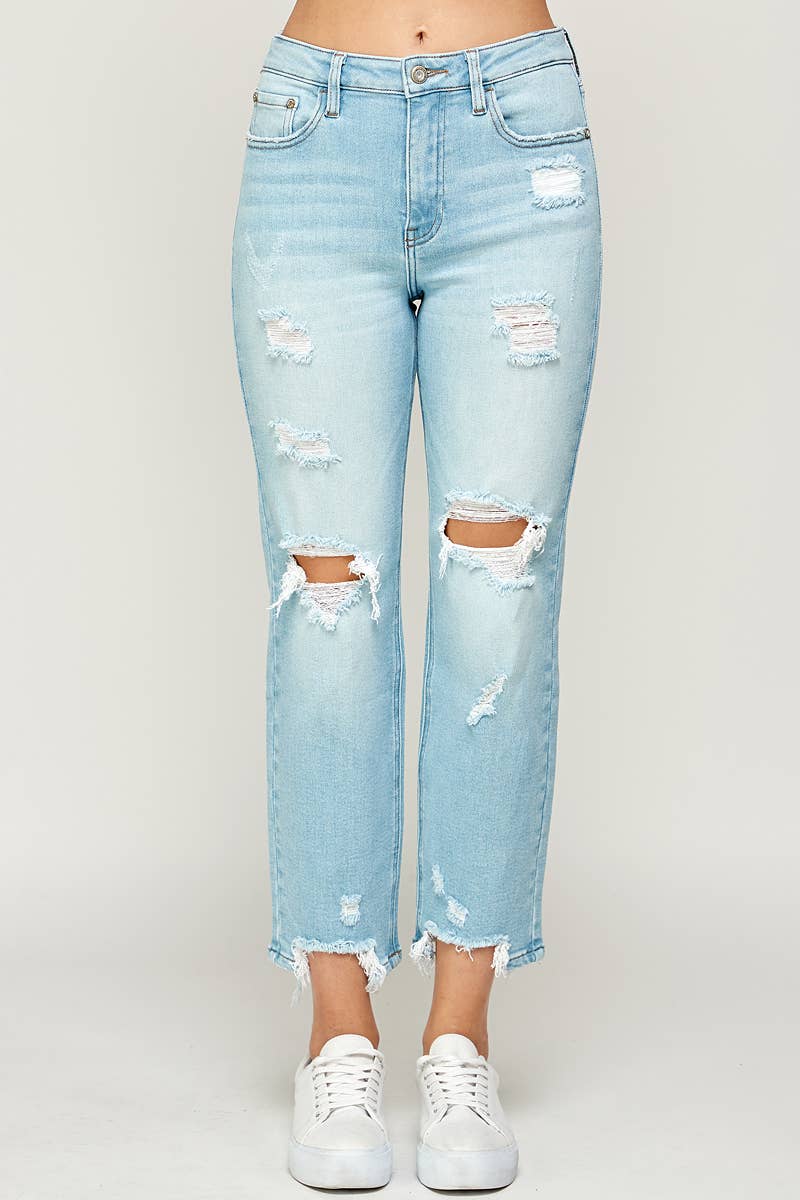 Light Wash - High Rise Distressed Straight Jeans