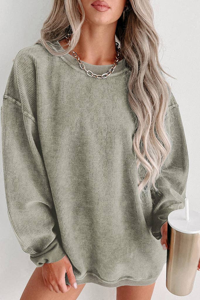 Pretty Bash - Washed Ribbed Pullover Sweatshirt: S / Blue