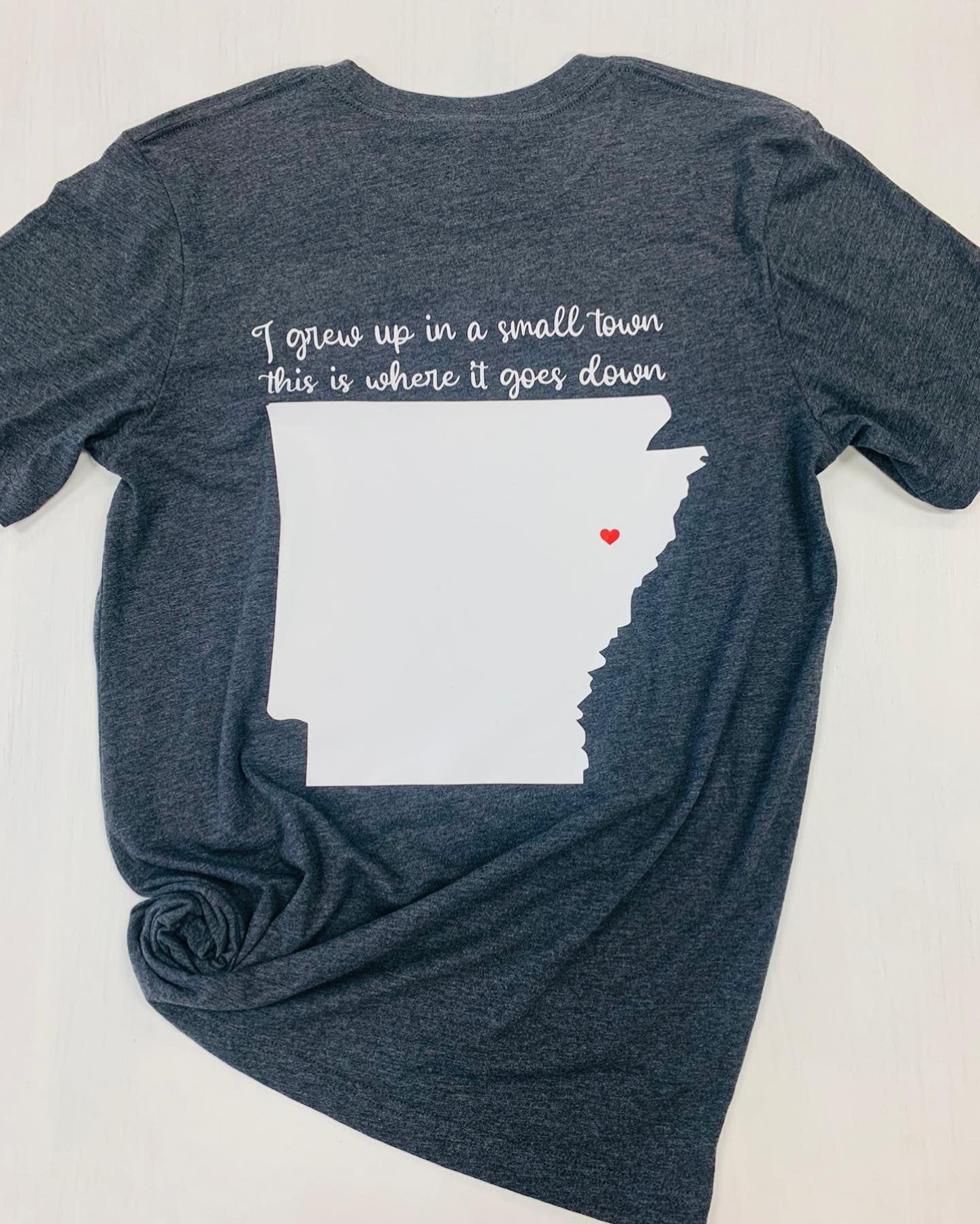 I Grew Up In A Small Town Arkansas Tee With Heart Marking Your Town