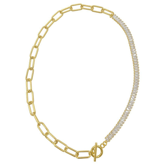 Charlotte Baguette and Paper Clip Toggle Necklace gold