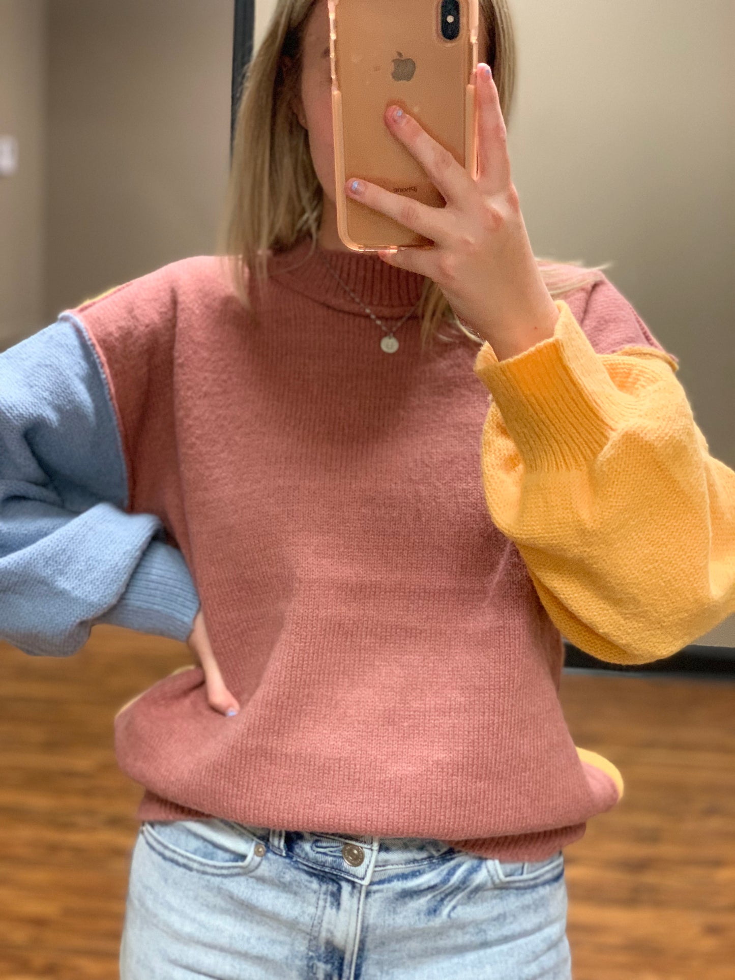 Color Block Mock Neck Sweater